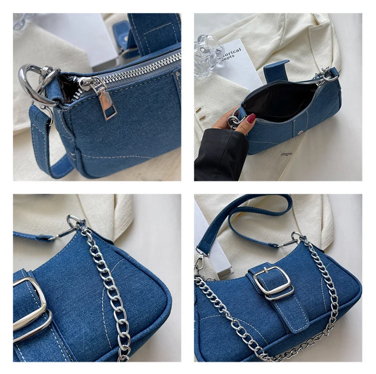 Denim Shoulder Bags Women's Fashion Chains Handbag Crossbody Bags Small Square Armpit Bag - Image 4
