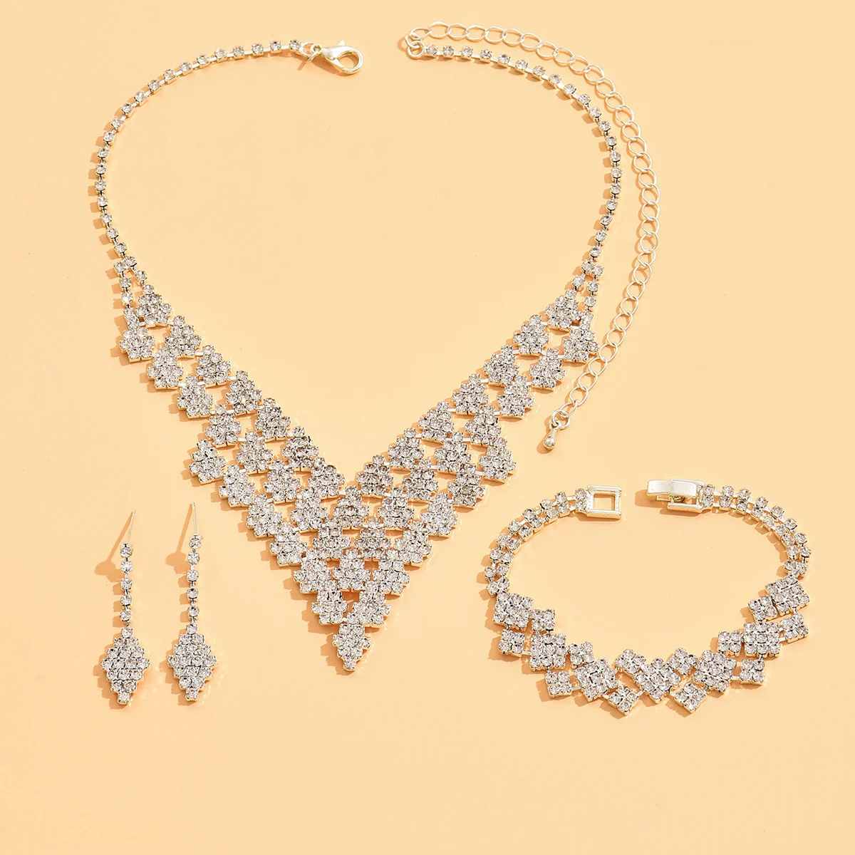 Diamond-shaped Jewelry Necklace Bracelet Earrings For Women - Image 4