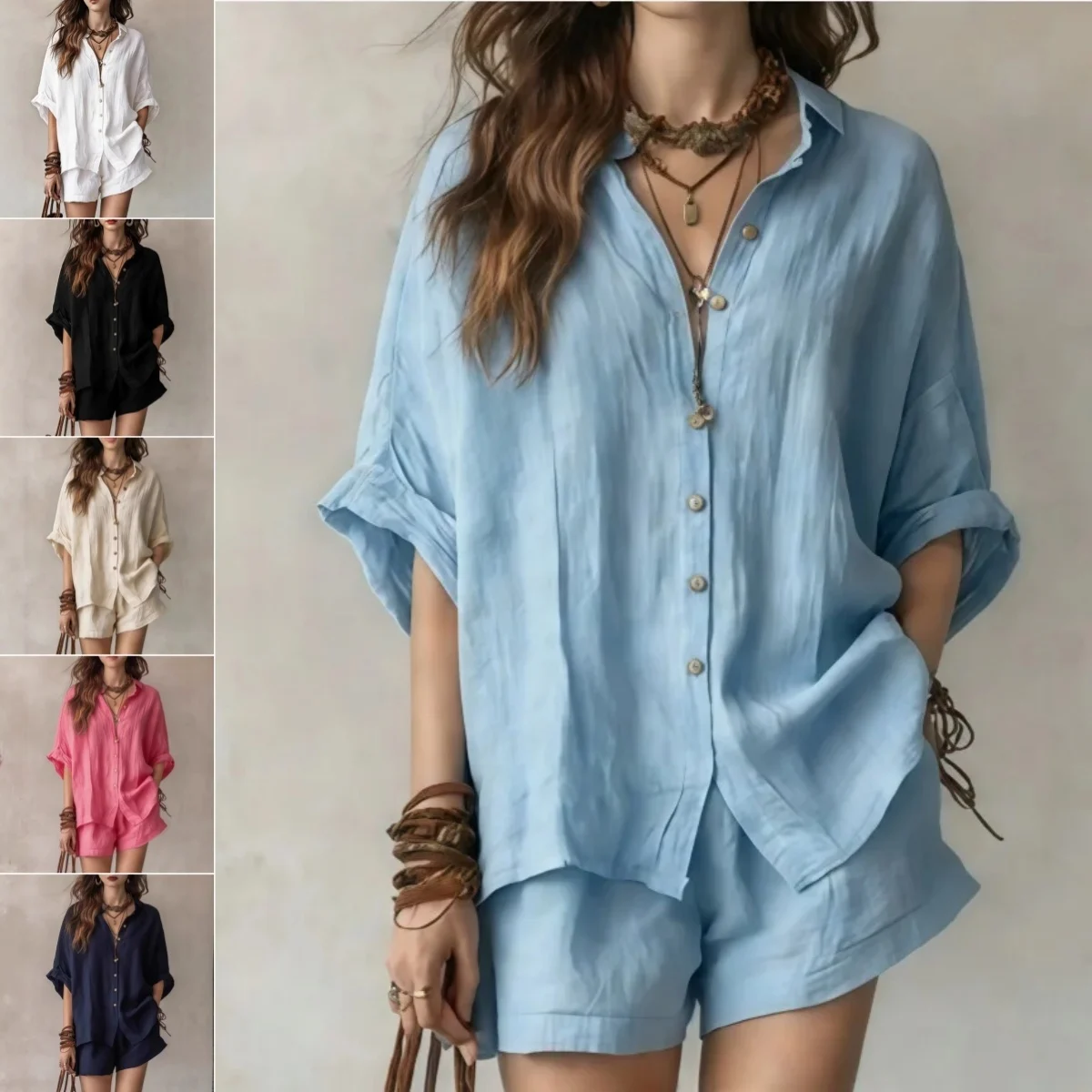 Two-Piece Set Womens Casual Summer Single-Breasted Short-Sleeved Shirt Wide-Leg Shorts For Daily Wear Work Holiday Outfits