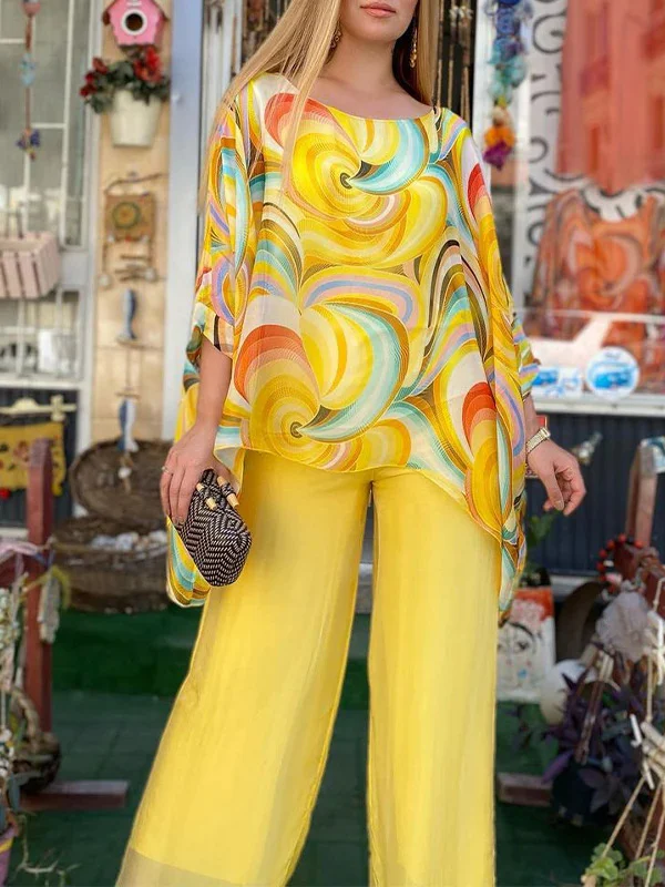 Summer New Colorful Chiffon Suit Casual Round Neck Printed Two-piece Suit - Image 5
