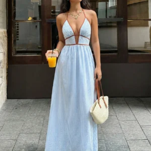 Deep V-neck Striped Resort Dress