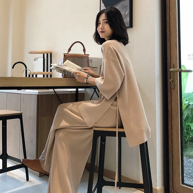 Loose slit knit sweater plus size wide leg pants - Image 7