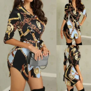 Autumn fashion sexy gold chain print dress