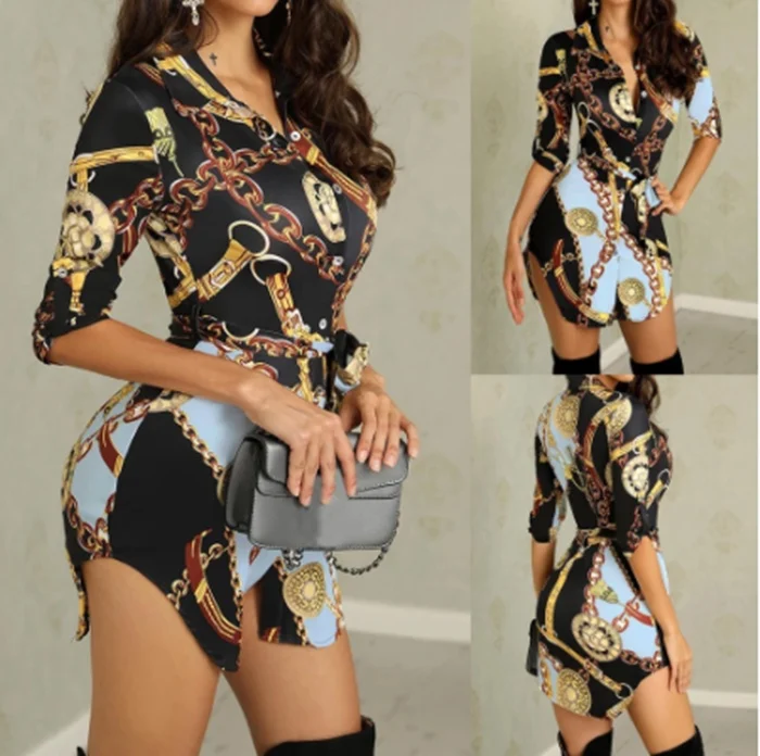 Autumn fashion sexy gold chain print dress