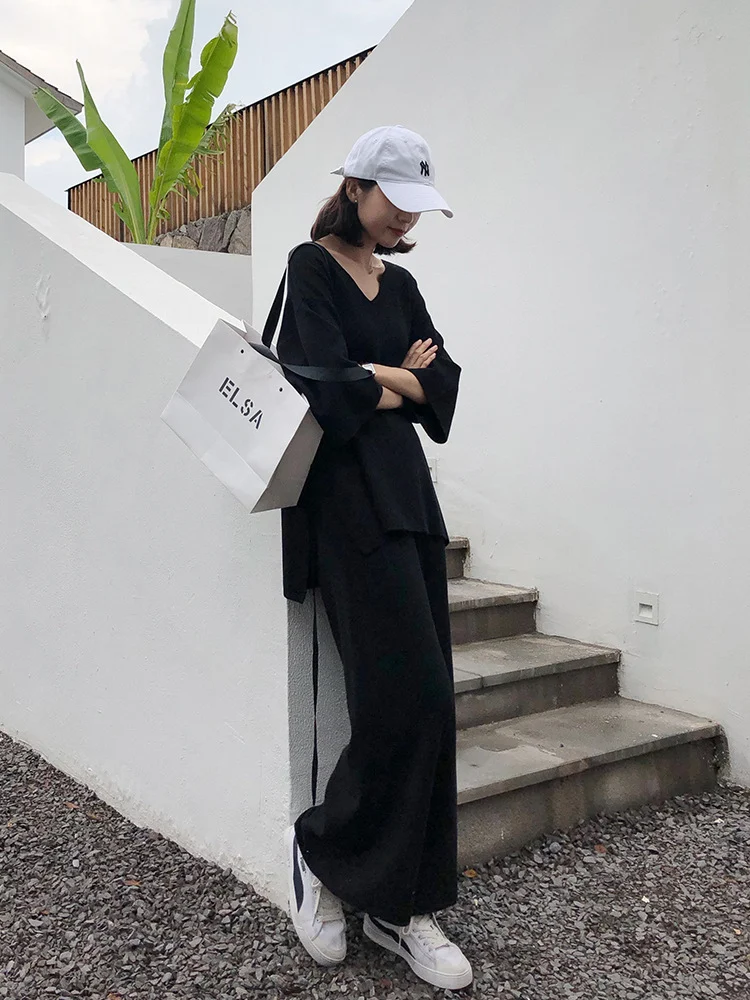 Loose slit knit sweater plus size wide leg pants - Image 4