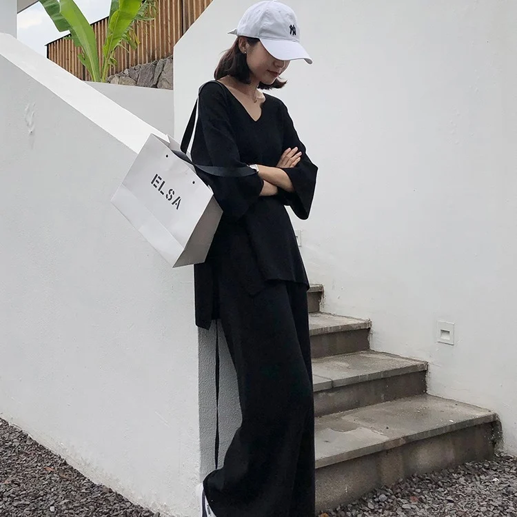 Loose slit knit sweater plus size wide leg pants - Image 6