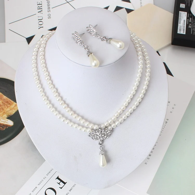 European And American Jewelry Bride Pearl Crystal With Short Collarbone Neck Necklace Set Earrings Korean Version Temperament - Image 2