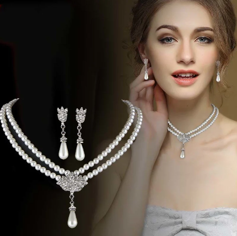European And American Jewelry Bride Pearl Crystal With Short Collarbone Neck Necklace Set Earrings Korean Version Temperament - Image 5