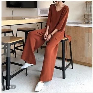 Loose slit knit sweater plus size wide leg pants