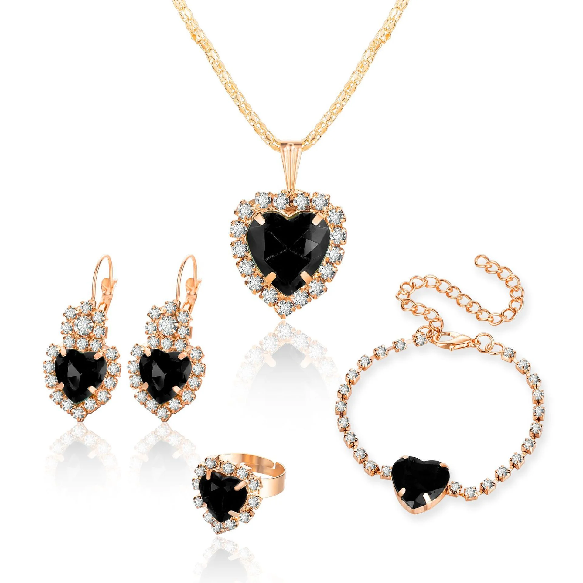 Heart Shape Rhinestone Necklace Earring Ring Bracelet 4 PCs Set - Image 8