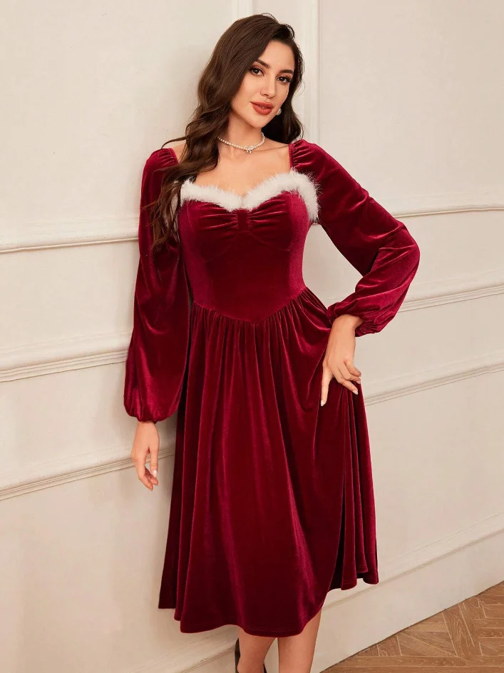 Women's Vintage Christmas Party Long Sleeve Red Velvet Dress Square Collar Dress Elegant Slimming Waist Autumn Women's Clothing - Image 3