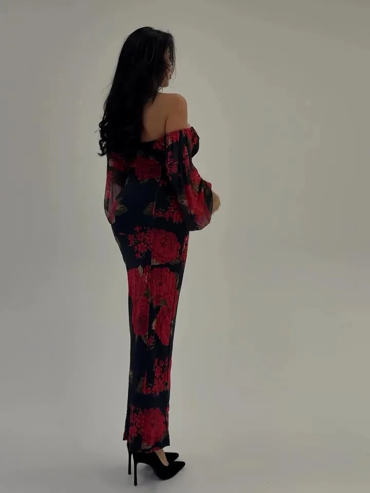 Boat Neck Floral Long-sleeved Dress - Image 2
