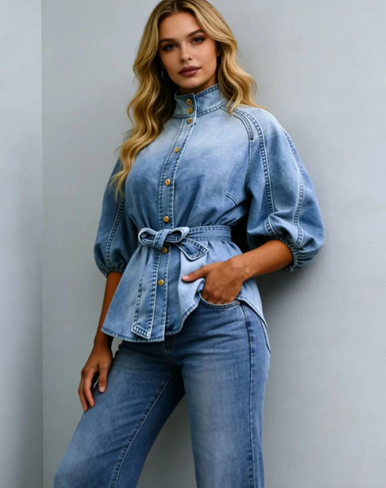 Lace-up Waist-cinching Bell-sleeve Cropped-sleeve Versatile Vintage Denim Shirt - Image 4