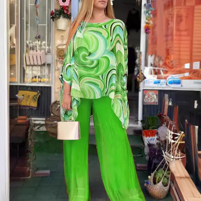 Summer New Colorful Chiffon Suit Casual Round Neck Printed Two-piece Suit - Image 7