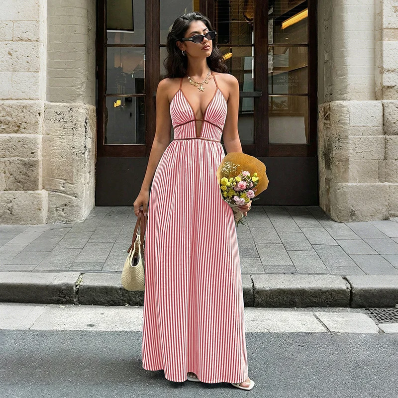 Deep V-neck Striped Resort Dress - Image 10