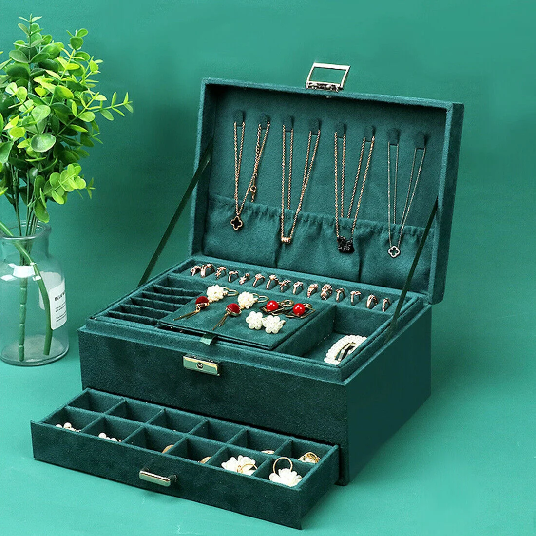 3 Layer Grey Jewellery Box Organizer Rings Necklaces Jewellry Storage Case Box - Image 8