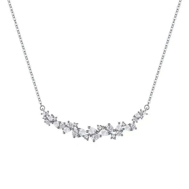 1pcs 999 Sterling Silver Cluster CZ Smile Bar Necklace, Luxury Delicate Style, Ideal For Birthday Gifts