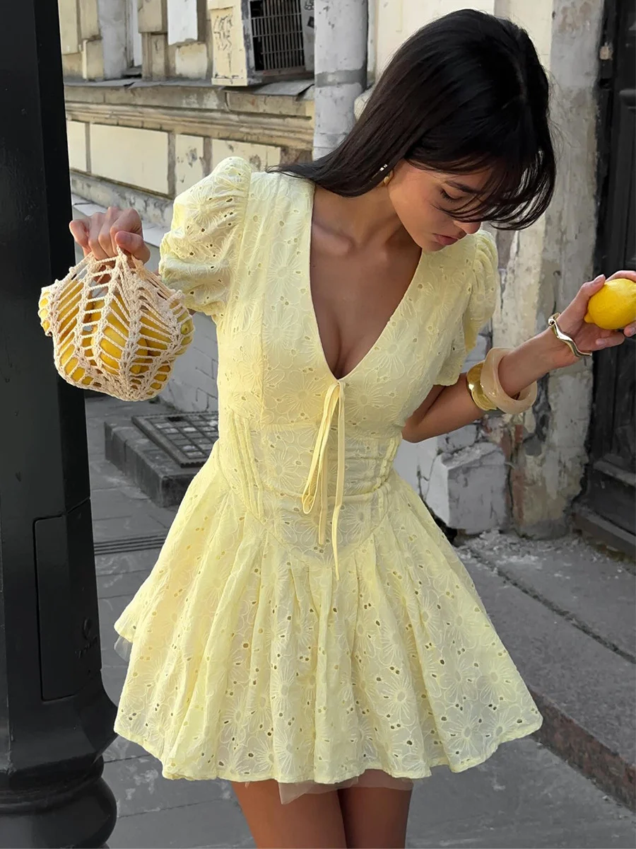 Sexy Fitted Waist Tie Embroidered Mini Dress - Image 3