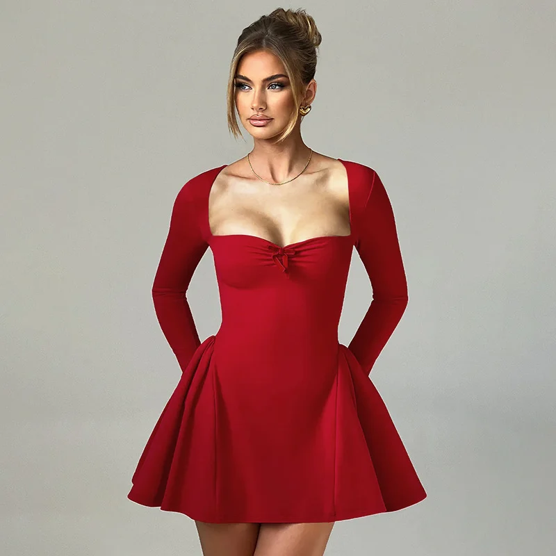 Socialite Style Elegant Slim Fit Fitted Waist Bubble Long Sleeve Dress - Image 4