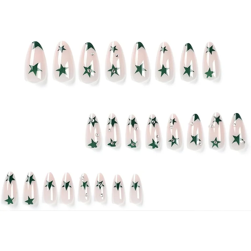 24 PCS Green Star Nail Art, Length Long Water Pipe Fake Nails, Had Nail Tips False Nail - Image 4