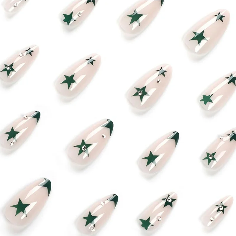 24 PCS Green Star Nail Art, Length Long Water Pipe Fake Nails, Had Nail Tips False Nail - Image 5