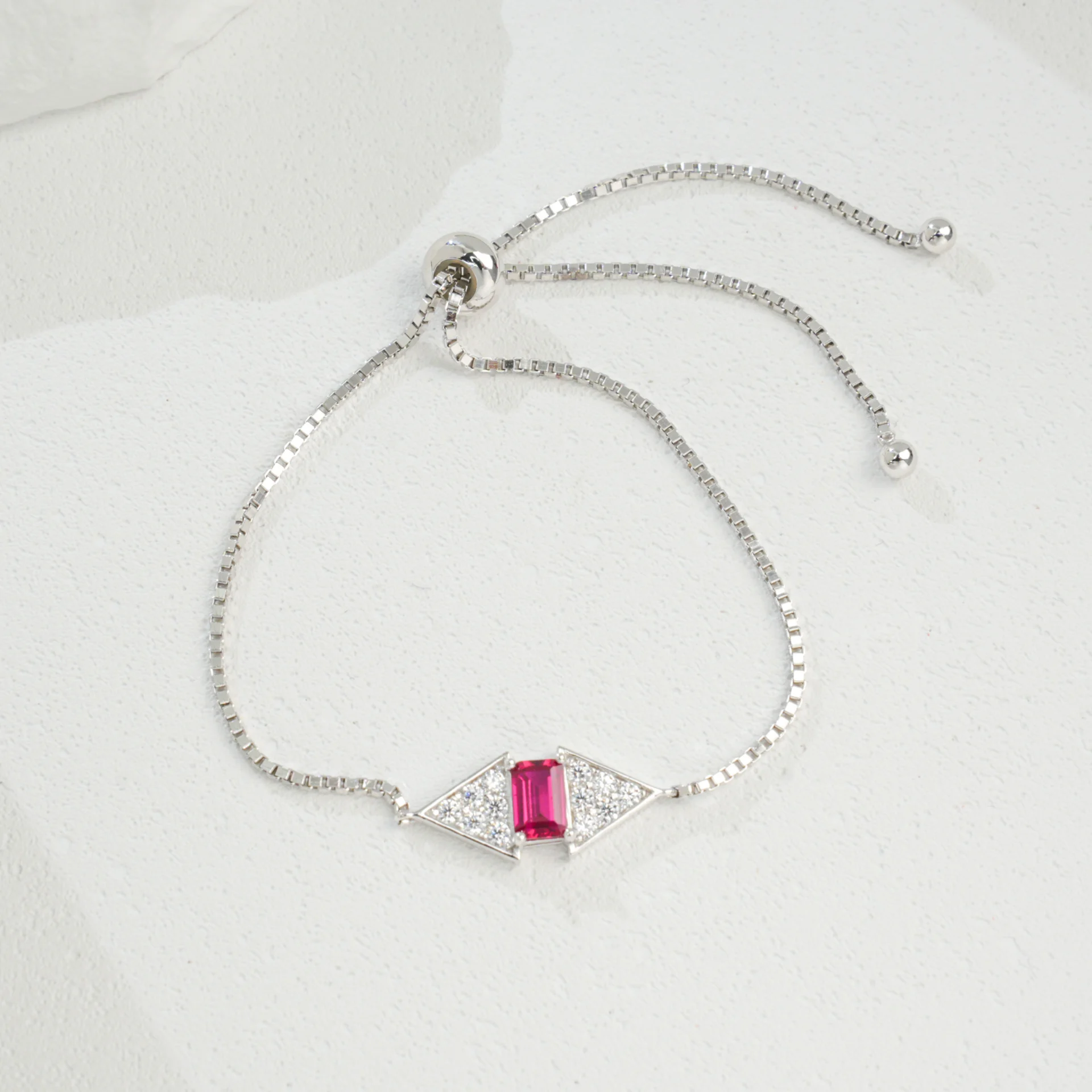 S925 Sterling Silver Rectangle 6x4mm Lab-Grown Emerald Ruby Bracelet 22cm Slider Adjustable Platinum Plated Gift Box - Image 5