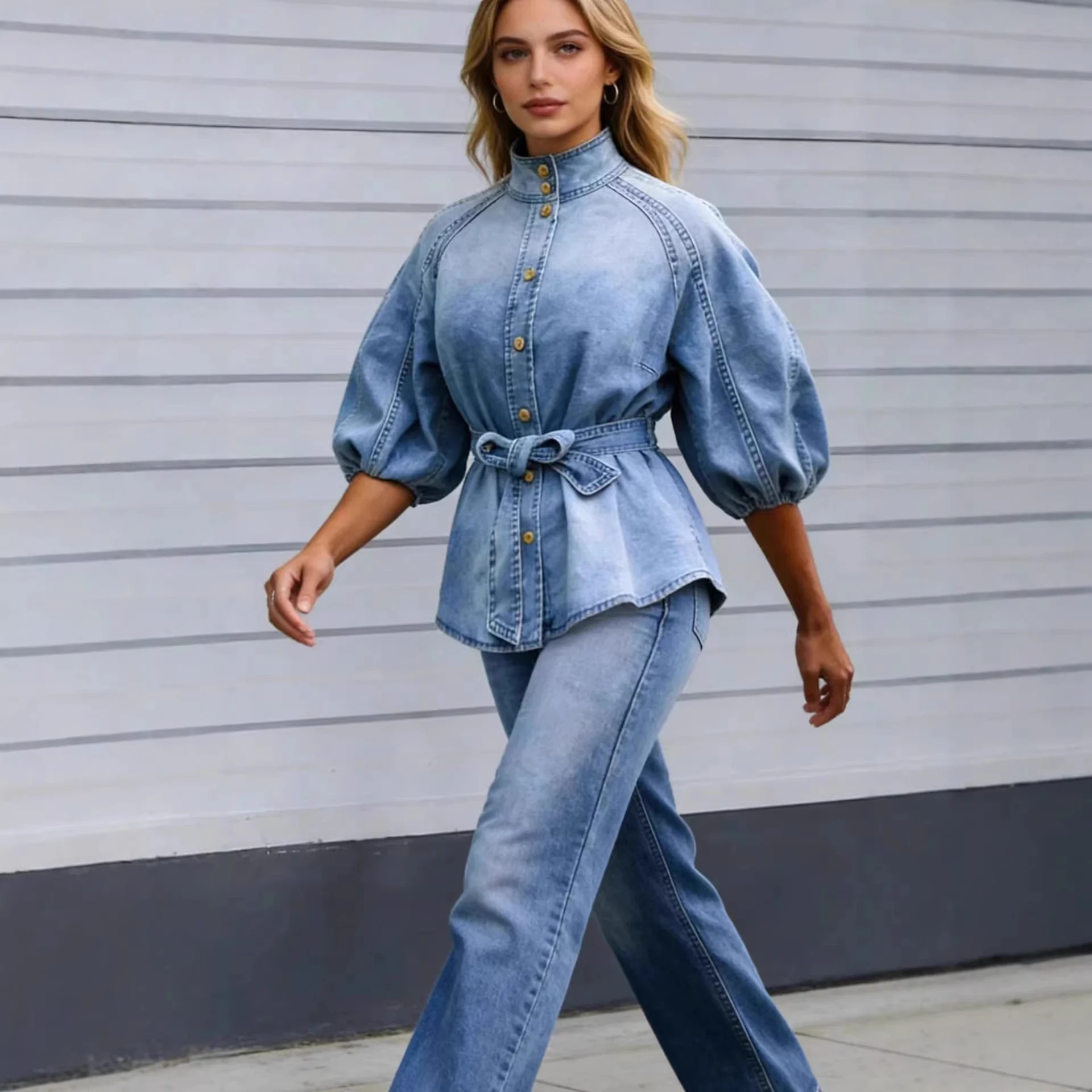 Lace-up Waist-cinching Bell-sleeve Cropped-sleeve Versatile Vintage Denim Shirt - Image 2