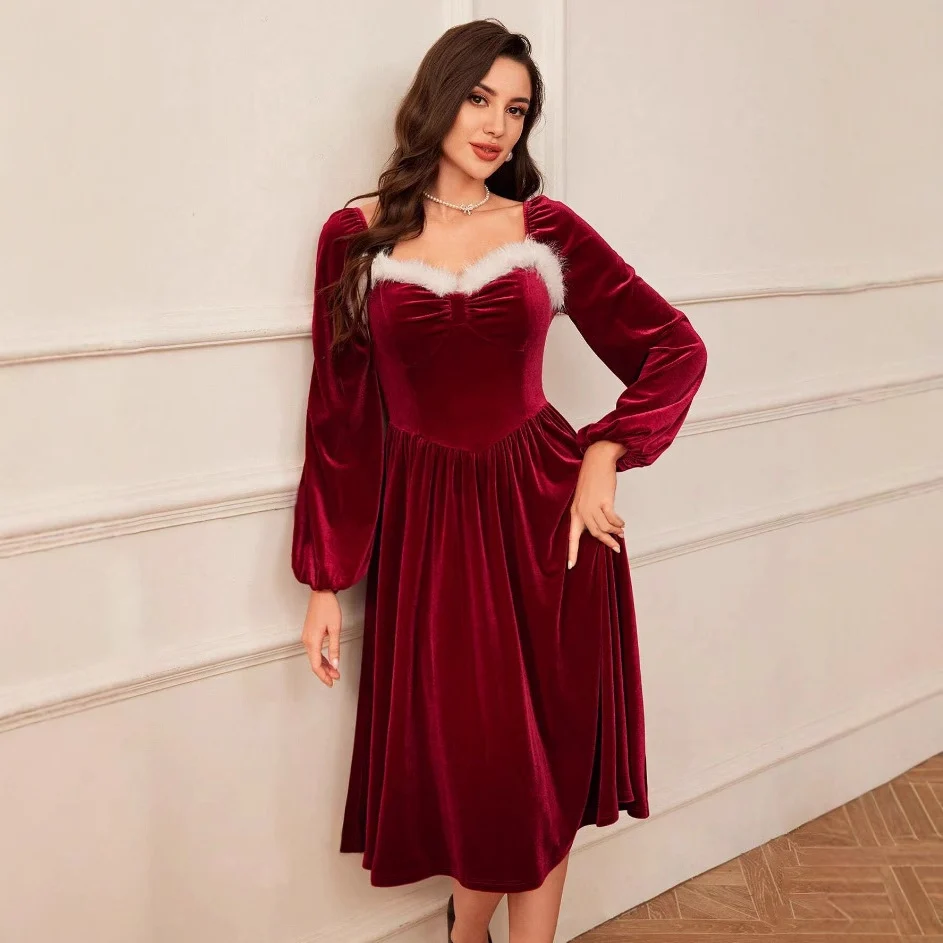 Women's Vintage Christmas Party Long Sleeve Red Velvet Dress Square Collar Dress Elegant Slimming Waist Autumn Women's Clothing - Image 4