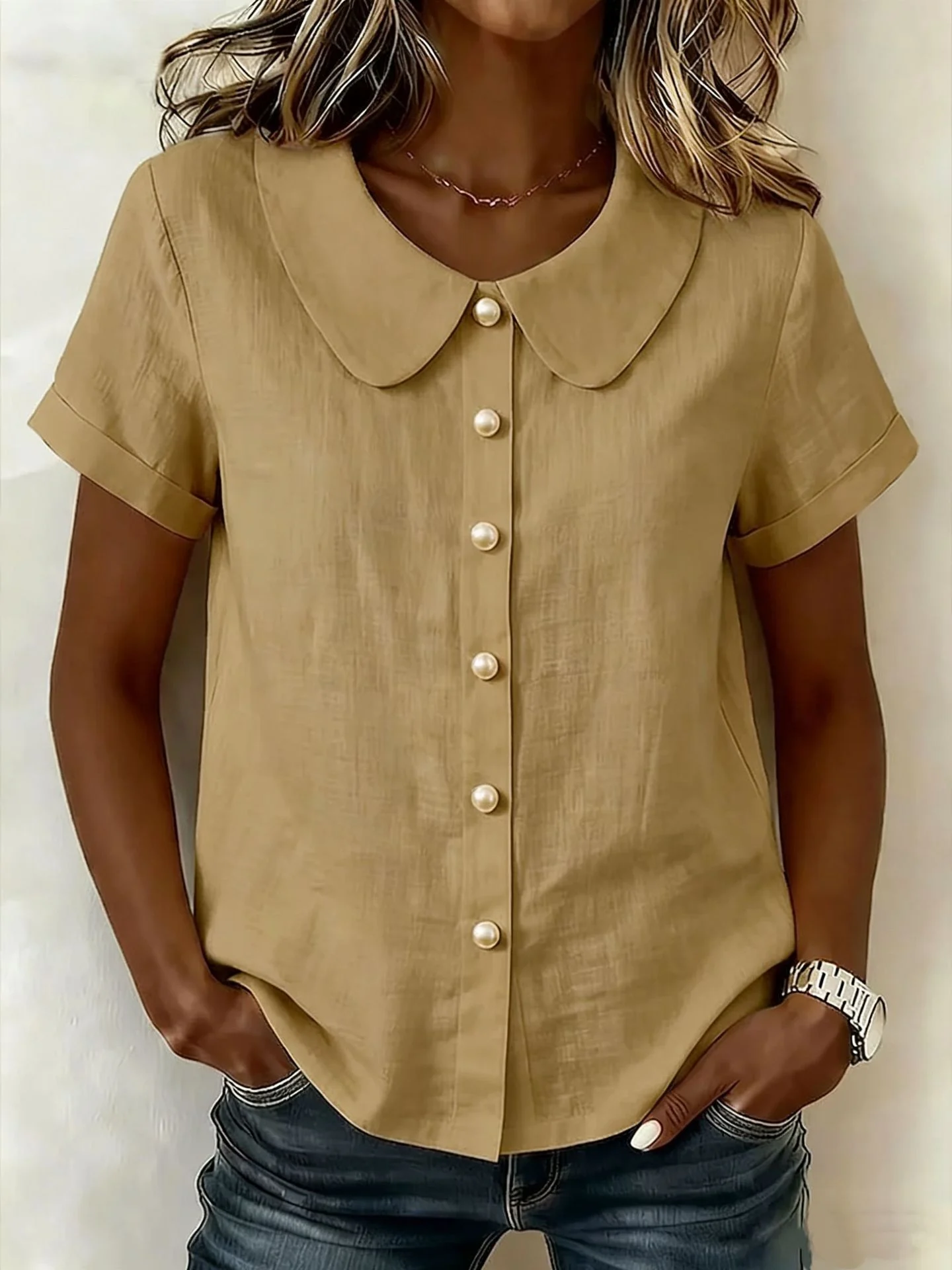 Womens Solid-Colored Short-Sleeve Casual Loose Shirt - Image 4