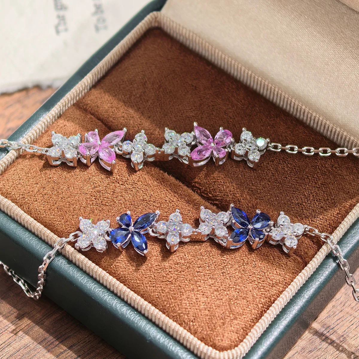 S925 Sterling Silver Lab-Grown Gemstone Butterfly Bracelet 16cm Blue P Ink Moissanite Platinum Plated Fashion Gift Box - Image 4