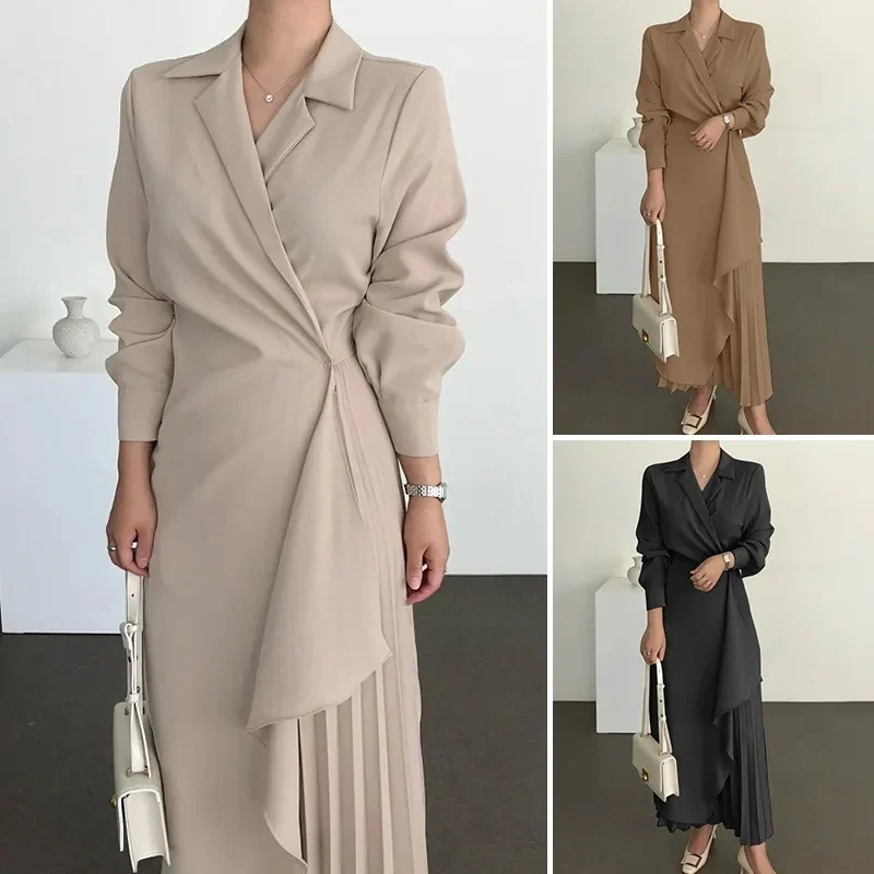 Women's Formal Elegant Shirt Retro Long Solid Color Suspender Skirt Long Waist Dress