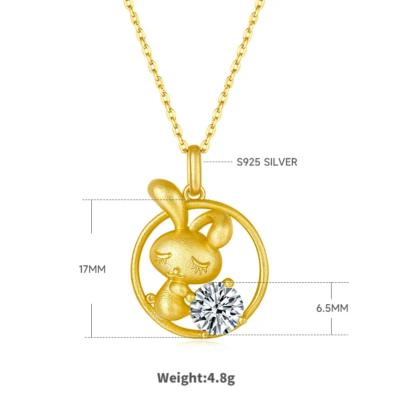S925 Sterling Silver Gold Plated 1ct D Color VVS1 Moissanite Rabbit Necklace 4.8g Chinese Zodiac Benmingnian Gift GRA Certified Gift Box - Image 3