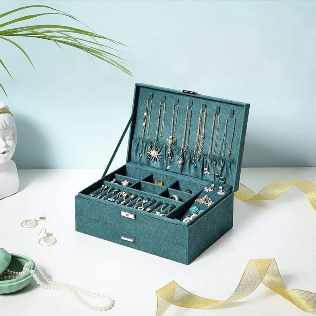 3 Layer Grey Jewellery Box Organizer Rings Necklaces Jewellry Storage Case Box - Image 3
