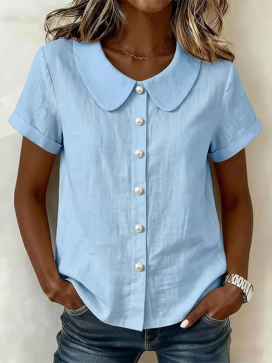 Womens Solid-Colored Short-Sleeve Casual Loose Shirt - Image 6