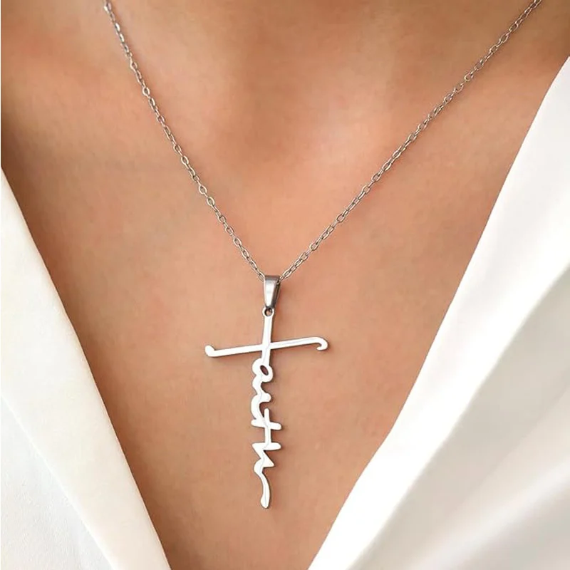 4PCS Faith Necklace For Women Christian Cross Faith Word Church Prayer Religious Pendant Necklace Christian Religious Jewelry Gift,2 Gold 2 Silver - Image 2