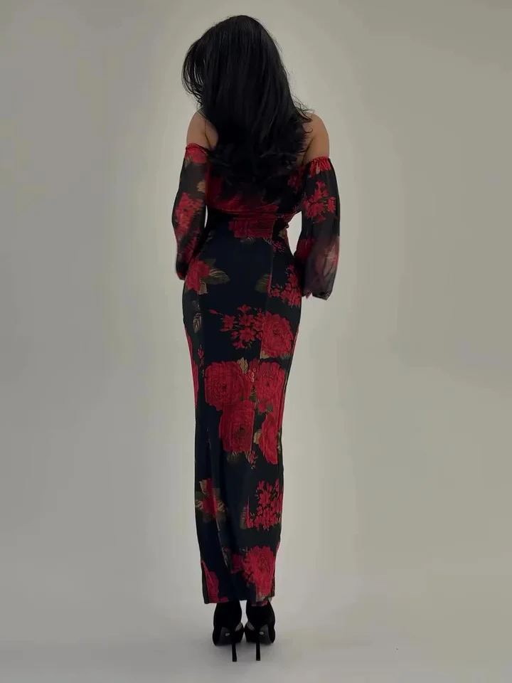 Boat Neck Floral Long-sleeved Dress - Image 3