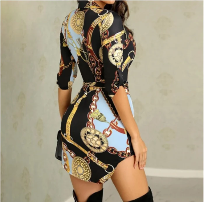 Autumn fashion sexy gold chain print dress - Image 5