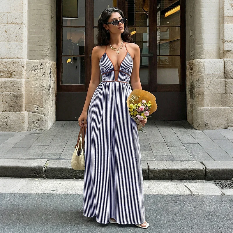 Deep V-neck Striped Resort Dress - Image 5