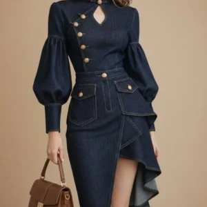 Architectural Indigo Denim Midi Dress-Military Gold-Tone Hardware & Bishop Sleeves