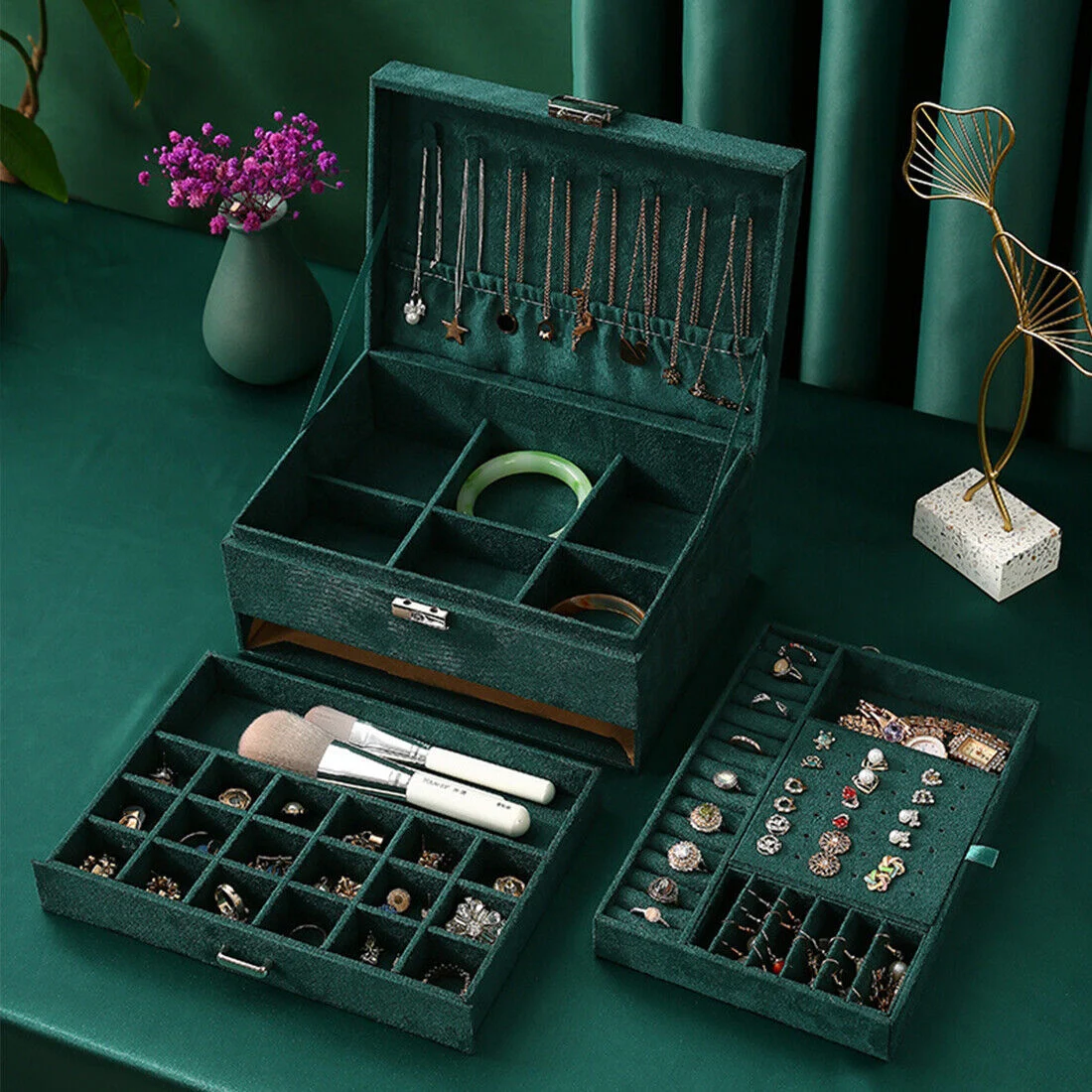 3 Layer Grey Jewellery Box Organizer Rings Necklaces Jewellry Storage Case Box - Image 9