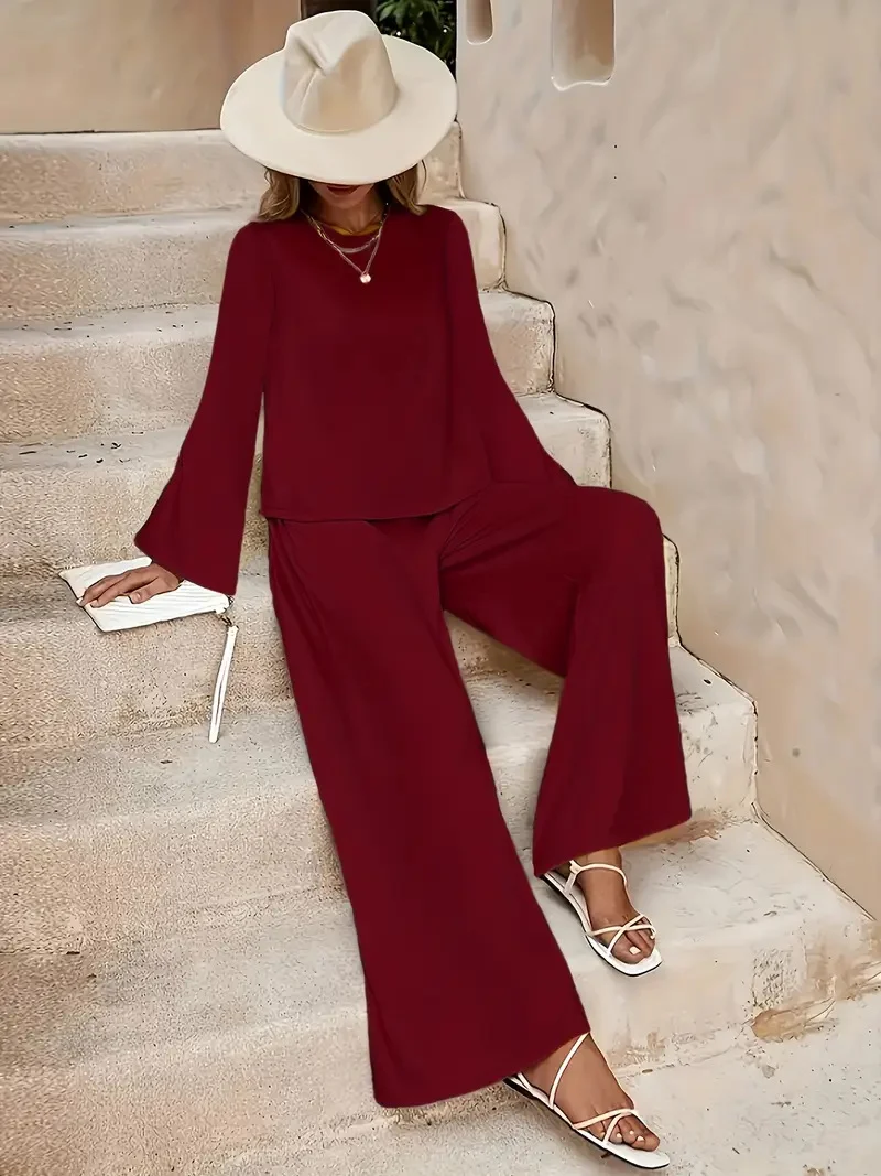 Long Sleeve Loose Wide Leg Pants Suit - Image 9