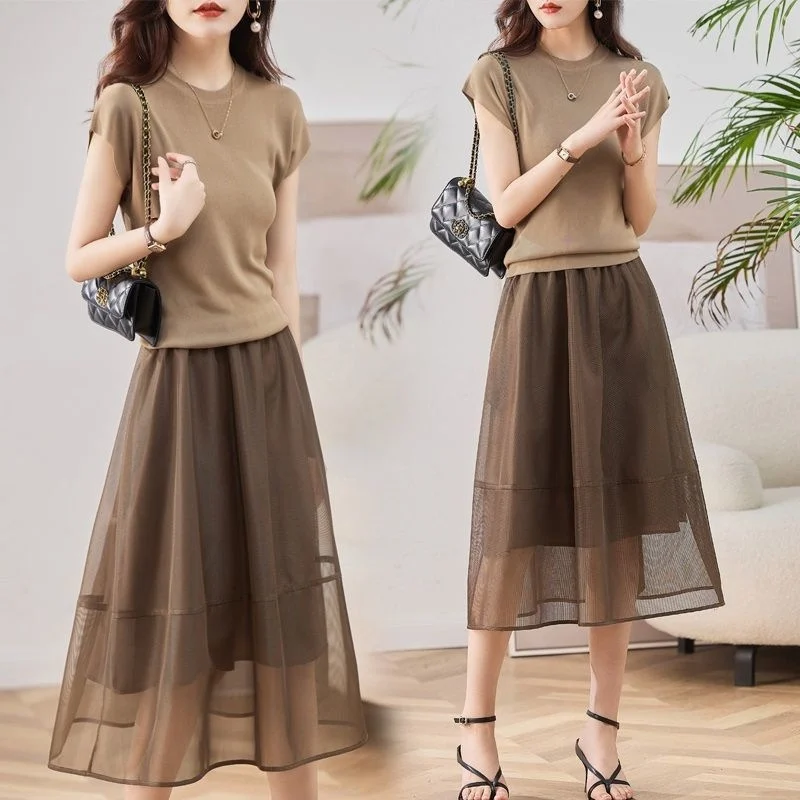 New Thin Ice-silk Knit Two-piece Set Dress