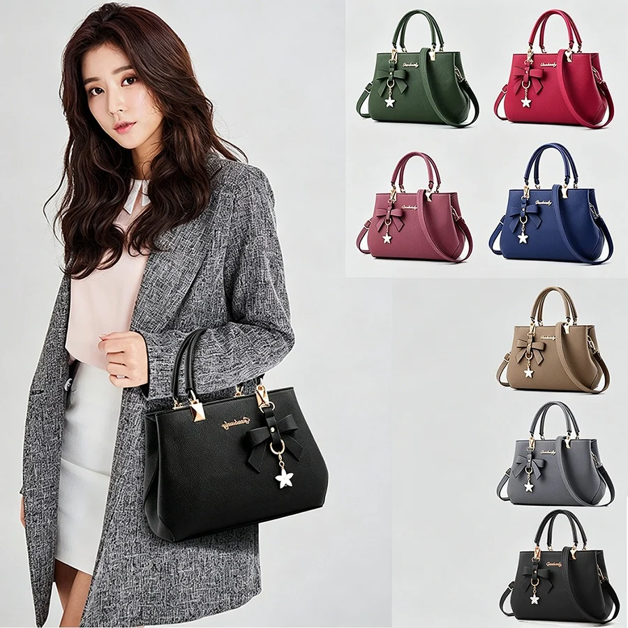 Top-handle Handbags Purse For Women Small Satchel PU Leather Shoulder Crossbody Bag With Bowtie Pendant