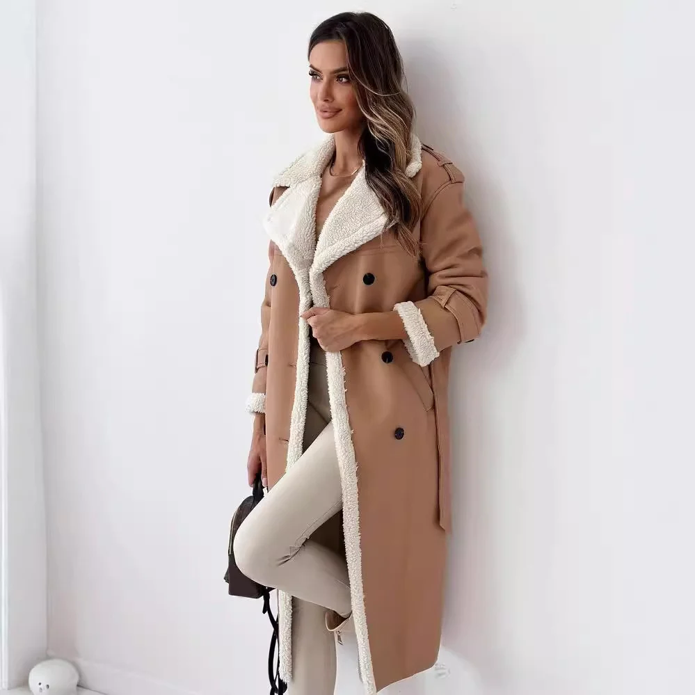 Winter Jacket With Belt Fashion Double Breasted Lapel Windbreaker Women's Long Trench Coat Mid-length Overcoat Clothing - Image 6