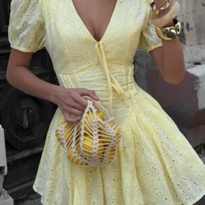 Sexy Fitted Waist Tie Embroidered Mini Dress