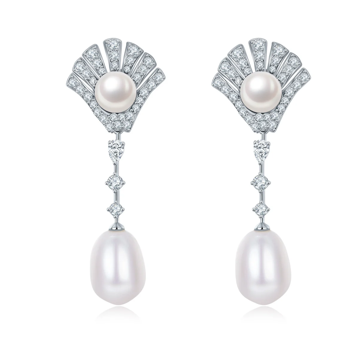 S925 Sterling Silver Pearl Dangle Earrings, Fan Pave, Teardrop Pearl, Platinum Plated, 4.5g, Gift Box