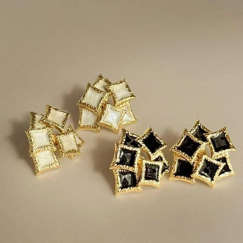 French Retro Square Earrings, Metal Enamel 3D Art Design, Light Luxury Niche Studs