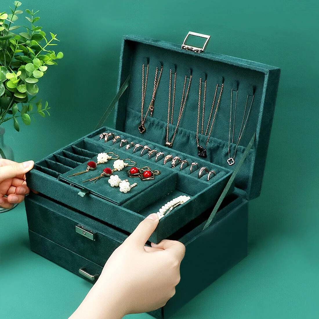 3 Layer Grey Jewellery Box Organizer Rings Necklaces Jewellry Storage Case Box - Image 5