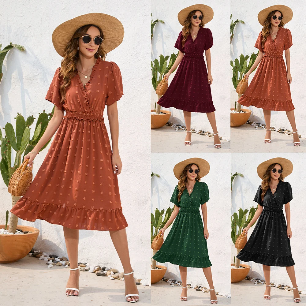 V-neck High Waist Tied Dress Fur Ball Short Sleeve
