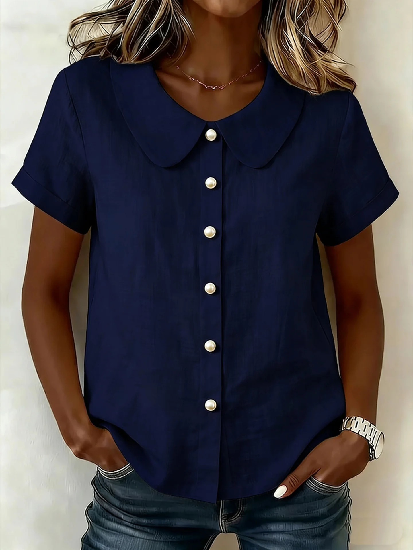 Womens Solid-Colored Short-Sleeve Casual Loose Shirt - Image 9